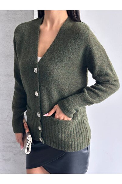 Cockatoo Women's Khaki V-Neck Stone Buttoned Double Pocketed Knitwear Cardiga...