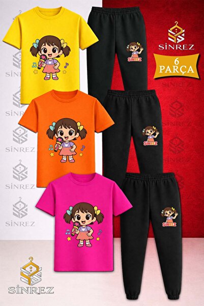 SİNREZ Children's Girls Microphone Printed 3-Piece T-Shirt Tracksuit Set