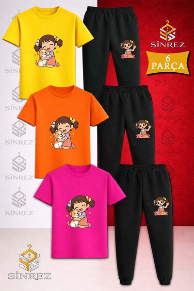 SİNREZ Children's Girls' Dog Hugging Printed 3-Piece T-Shirt Tracksuit Set
