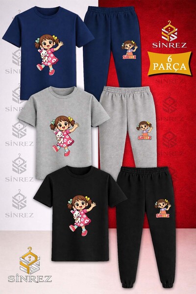 SİNREZ Çocuk KIZ OYUNCAK KOLDA Baskılı 3Lü Tişort Eşofman Takımı