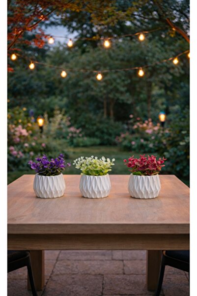 Çiçek 3 lü saksıda renkli yapay bitki seti