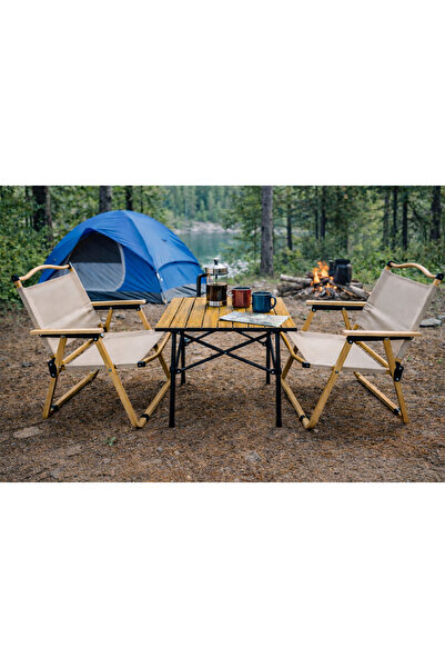 Vi Caro Katlanır Kamp Masa Sandalye Seti 2 Sandalye 1 Masa Ahşap Görünümlü Pi...
