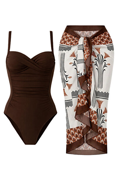CUPSEA Γυναικείο μαγιό εφέ σύσφιξης ντραπέ Καφέ Αυθεντικό σχέδιο Pareo Σετ Pa...