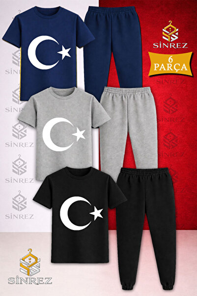 SİNREZ Children's Moon Star White Printed 3-Piece T-Shirt Tracksuit Set