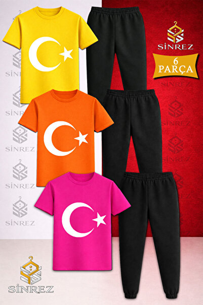 SİNREZ Children's Moon Star White Printed 3-Piece T-Shirt Tracksuit Set