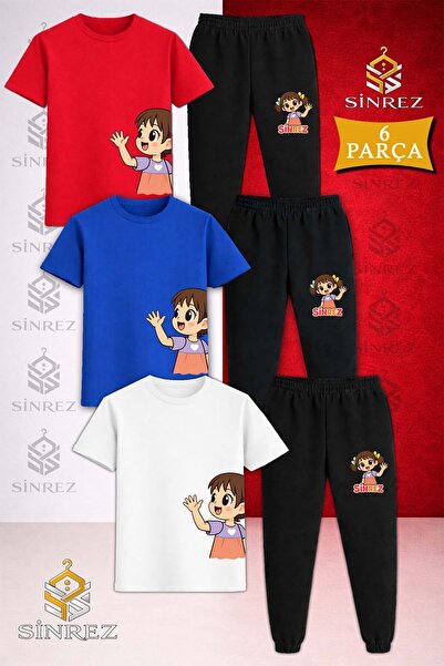 SİNREZ Children's Girls Left Side Printed 3-Piece T-Shirt and Sweatpants Set