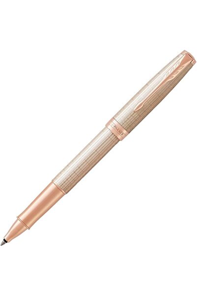 Parker قلم سونيت رولربول، فضي فاخر محفور بحواف من الذهب الوردي، رأس رفيع، حبر...
