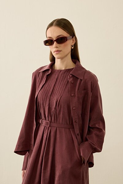 Hilay Bella Pileli Asimetrik Kesim Lyocell İçlik Elbiseli Takım MÜRDÜM