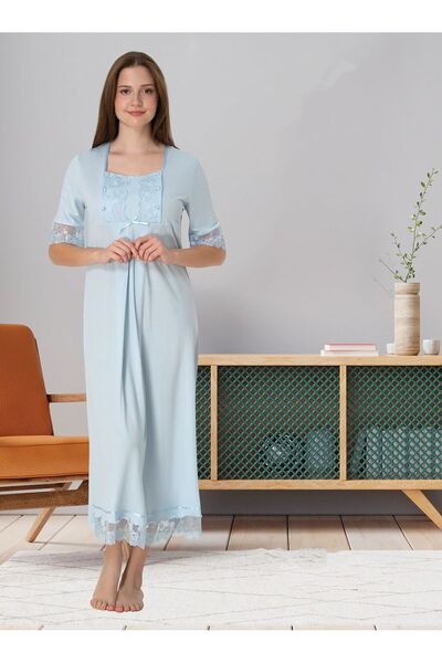 Effortt Dvina Maternity Pregnant Lace Detailed Short Sleeve Nightgown - Blue