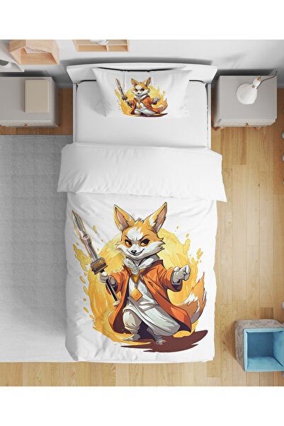 Home Warrior Fox Patterned 3D Digital Print 3D Single Bed Sheet Sız Young Mal...