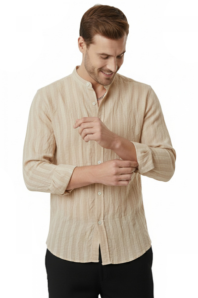 DeepSEA Μπεζ ριγέ Με υφή Χακίμ Γιακάς Άνετη Εφαρμογή Ζάραστρα Βισκόζη Λινό Αν...