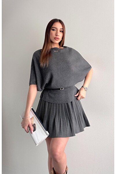 IŞILDA FASHION Μπλούζα με μανίκια νυχτερίδας, πλεκτό Ζώνη τεμαχίων