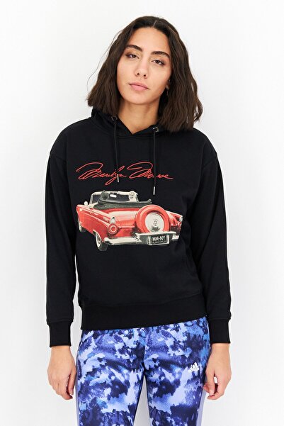 Marilyn Monroe Women Hooded Neck Long Sleeves Graphic Print Sweatshirt, Black