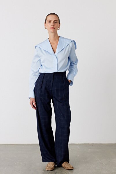 FACETTE Checked Drapey Trousers Navy Blue