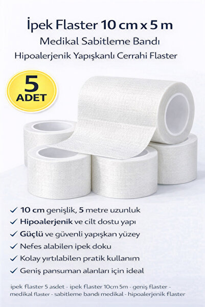 Genel Markalar İpek Flaster 10 cm x 5 m 5 Adet Medikal Sabitleme Bandı Hipoal...