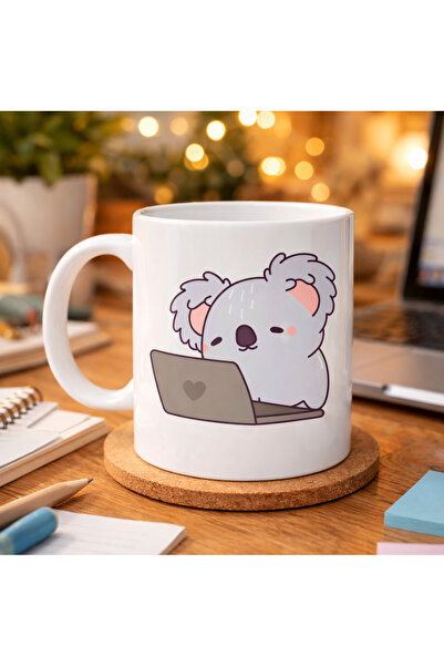 CT STONES Koala Patterned Porcelain Mug with Laptop Model 111 – Cute Office M...