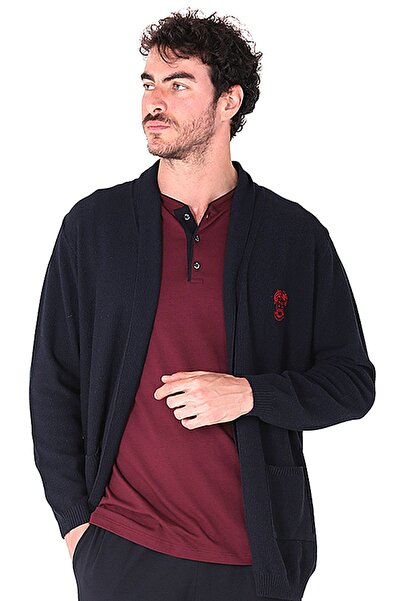 D'S Damat Ανδρικό μακρυμάνικο πλεκτό ρόμπα Robdöşambr σε μπλε ναυτικό χρώμα