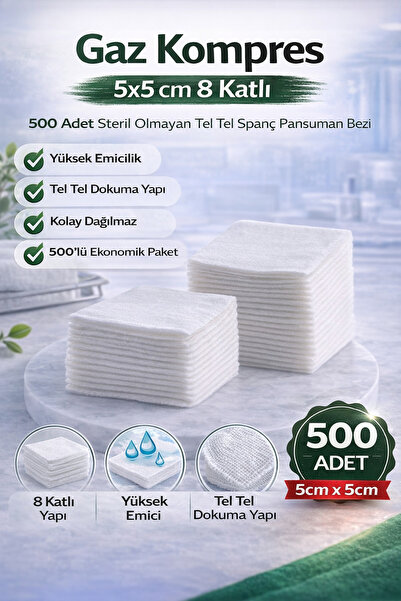 Gaz Kompres 5x5 cm 8 Katlı 500 Adet Steril Olmayan Tel Tel Spanç Pansuman Bezi