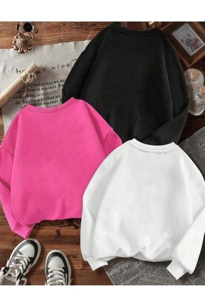 Kids KIŞLIK Kız çocuk 3lü sweatshirt Pembe-Siyah -beyaz