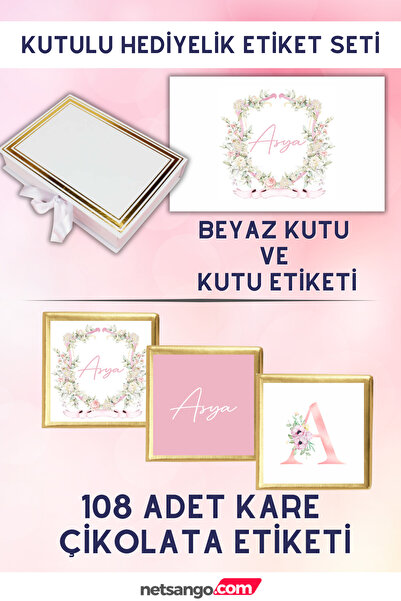 Netsan Etiket Çiçek Desen Hediyelik Etiket Seti - Beyaz Kutu, 108 Adet Çikola...