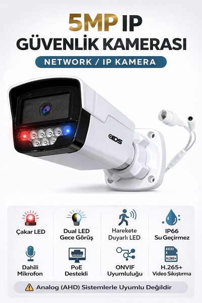 IDS 5MP IP Kamera Network Güvenlik Kamerası - H.265+ - Onvife - POE - Dahili ...