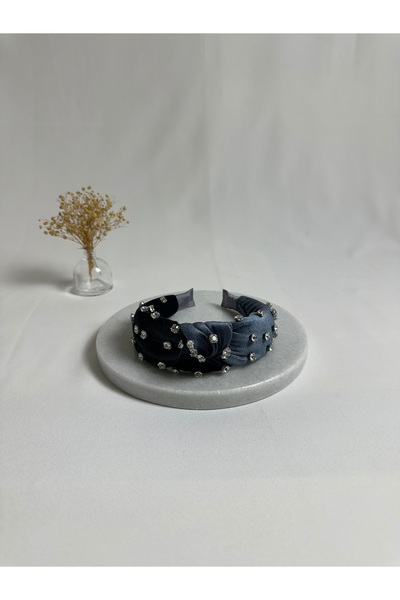 MegssStore Anthracite Zircon Stone Velvet Knotted Crown Hair Band