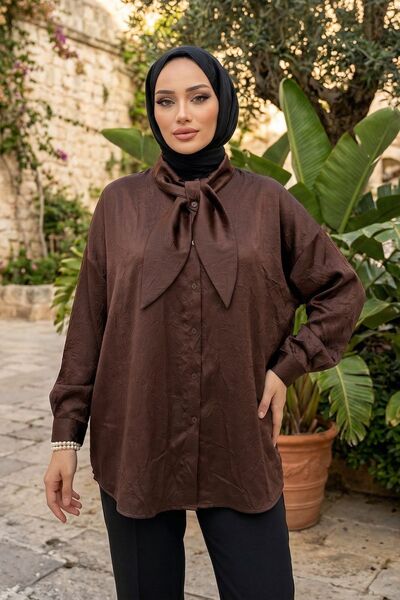 adamila Kadın Kahve Fiyonk Detaylı Saten Oversize Tesettür Tunik Gömlek Uzun ...