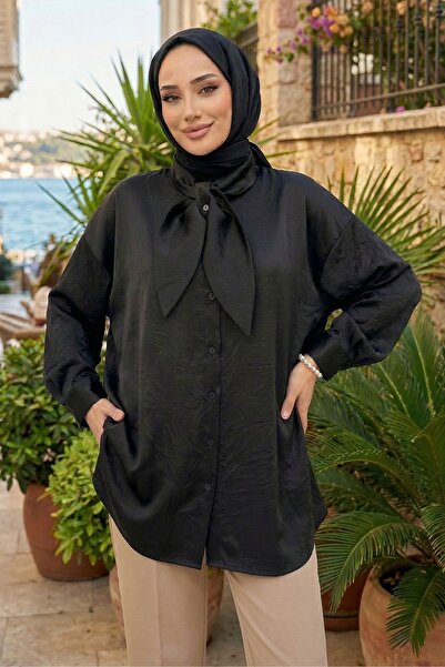 adamila Kadın Siyah Fiyonk Detaylı Saten Oversize Tesettür Tunik Gömlek Uzun ...