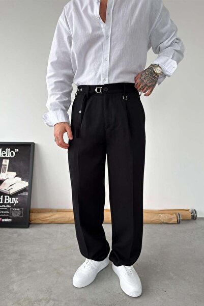HAFKAGİYİM Black Pleated Detail Belt Pack Baggy Fabric Trousers