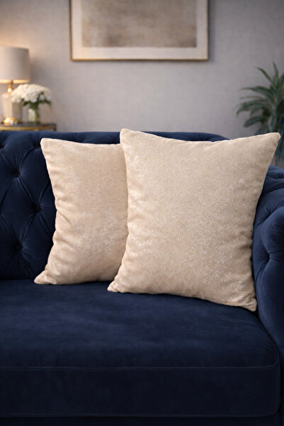 Ceylan Krem Kadife ve Pullu Dekoratif Kırlent Kılıfı - 45×45 (2 'li set) Lüks...