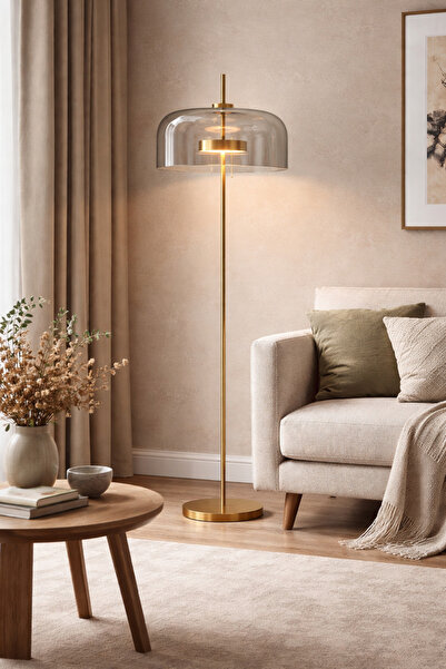 VEYRA Pirinç Gövdeli Füme Cam Kubbe Tasarım Lambader | Modern Dekoratif Yer L...