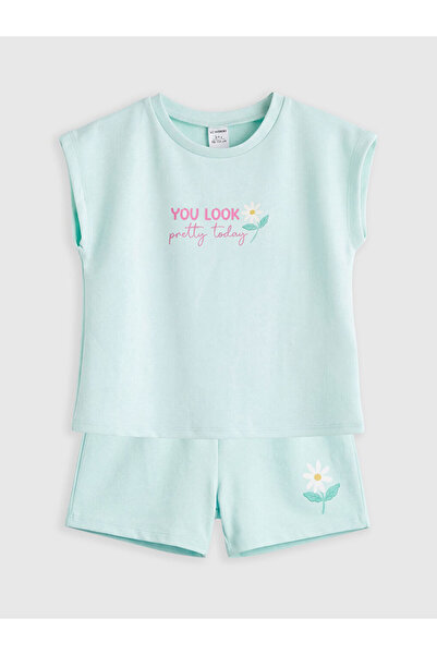 LC Waikiki Tricou și pantaloni scurți pentru fete LCW Kids Turkuaz cu imprime...