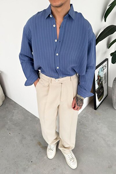 HAFKAGİYİM Синя престижна раирана риза с голям размер