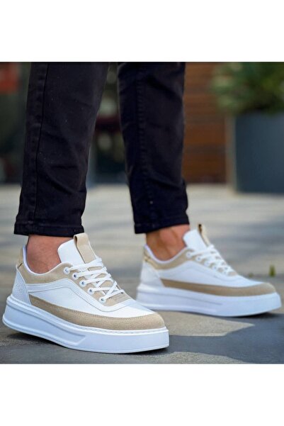 Erkek Beyaz Bej Sneaker Günlük Rahat Kalın Taban Casual Spor Ayakkabı