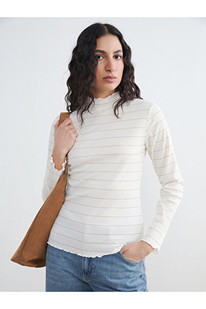 LC Waikiki Nevavm Ruffled Stand Collar Striped Women's Bodysuit