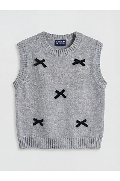 LC Waikiki سترة تريكو للفتيات بياقة دائرية وربطة عنق من أنثراسايت