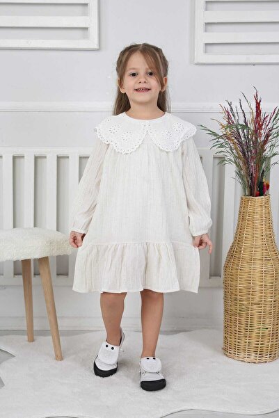Butik Kız Çocuk Bebe Yaka Brode Detaylı Müslin Elbise