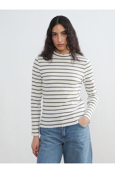 LC Waikiki YK PLUS LCW Modest Ριγέ Γυναικείο Κορμάκι με Βολάν και Όρθιο Γιακά