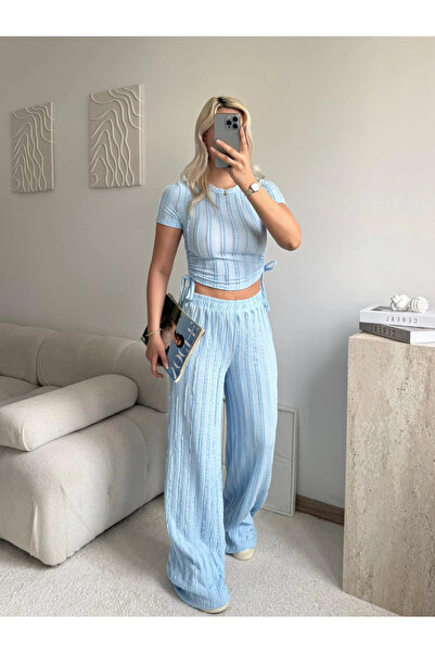 Zora Butik Yan Büzgü Pantolon Takım - BEBE MAVİSİ