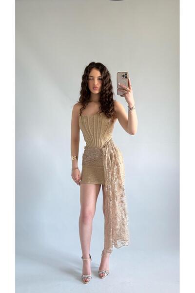 AYŞENUR DİNÇER Victoria Dantel Mini Abiye Gold