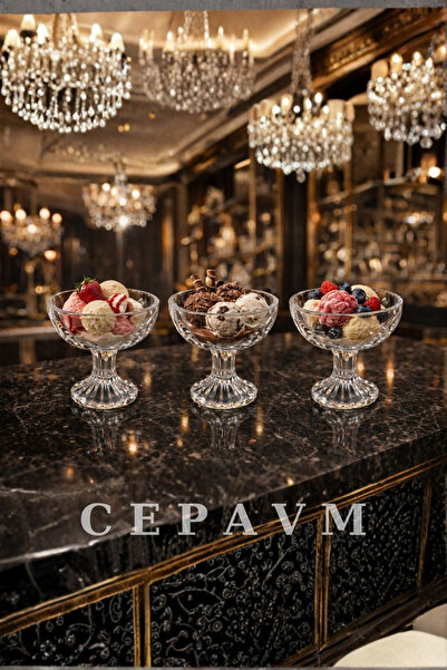 CepAvm 3'LÜ Premium Kristal Ayaklı Dondurma Kasesi 250 cc Cam Tatlı Sunum Kas...