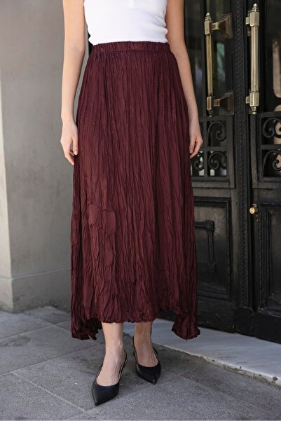 manana fashion Fusta din satin mătase cu talie elastică din țesătură încrețită