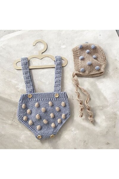 The Cloudish Shop Baby Hand-Knitted Overalls Hat Set Blue Beige Pom-Pom 0-3 M...