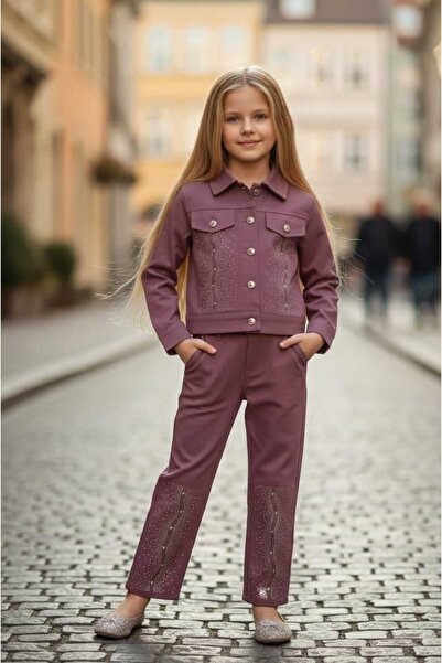 KAYAKİDS Girl's Festive Stoned Plum Jacket and Pants Set Girl's Denim Stylish...