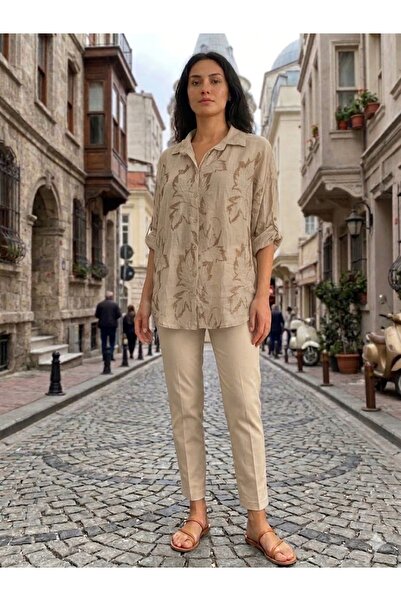 AYASOFYA OTANTIK قميص نسائي إيطالي S لمّاع بنمط أوراق الشجر وتطريز منقوش 100%...