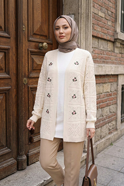 MODAQU Cardigan din tricotaj tricotaj cu aspect dantelat cu broderie decorati...
