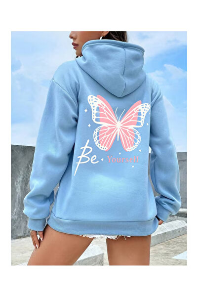 Kadın Mavi Kapüşonlu Sweatshirt Kelebek Baskılı Oversize Hoodie
