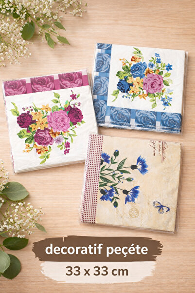 Sfmstore Dekoratif Desenli 10 lu 3 paket Kağıt çiçekli Peçete – 33 x 33 cm