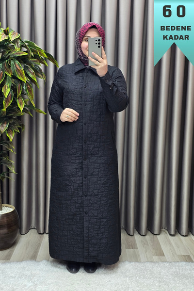 Elmas Tesettür Kadın Giyim Büyük Beden Kapitone Tam Boy Manşet Kol Çıtçıtlı Kap