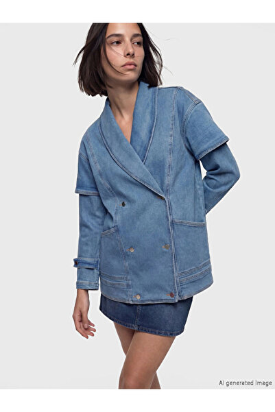 LC Waikiki سترة جينز نسائية بياقة روبا مزدوجة الصدر من UZG STORE للنساء الأنيقات